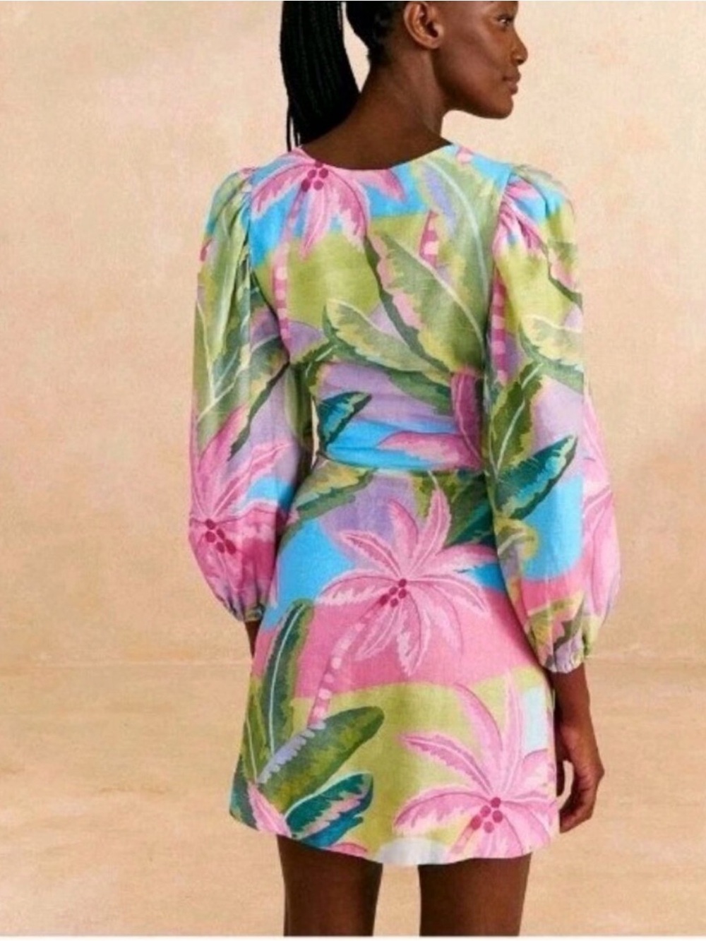 Farm Rio Tropical cut out Print Dress with bamboo rings linen blend size s - Picture 2 of 5